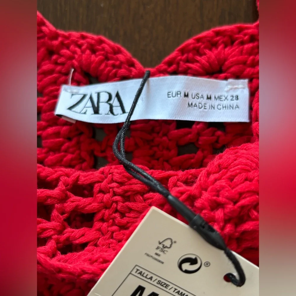 Zara Red Crochet Fringe Knit Sleeveless Crop Top M Weatern Festival Boho NEW - Picture 5 of 12